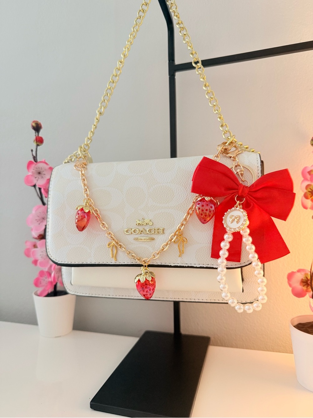 Coach White Crossbody Bag with Red Strawberry Charms and Bow